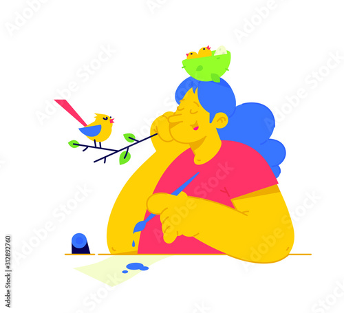 Illustration of a girl with a nest of chicks on her head. Vector. A woman listens to bird singing for inspiration. Metaphor, concern for nature and children. Cartoon bird on a branch sings songs. Muse