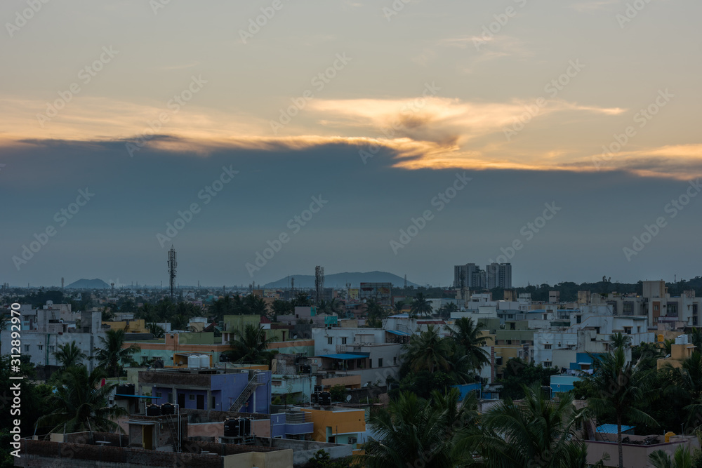 Rooftop view of the city of Chennai on overcast day