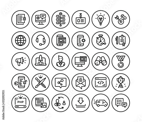 Icons on the subject of computer technology, communication and marketing. Vector. Set of icons for website design and landing. Signs and emblems of corporate identity. Design Material, Pixel Perfect. 