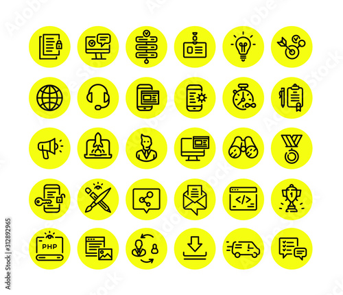 Icons on the subject of computer technology  communication and marketing. Vector. Set of icons for website design and landing. Signs and emblems of corporate identity. Design Material  Pixel Perfect. 