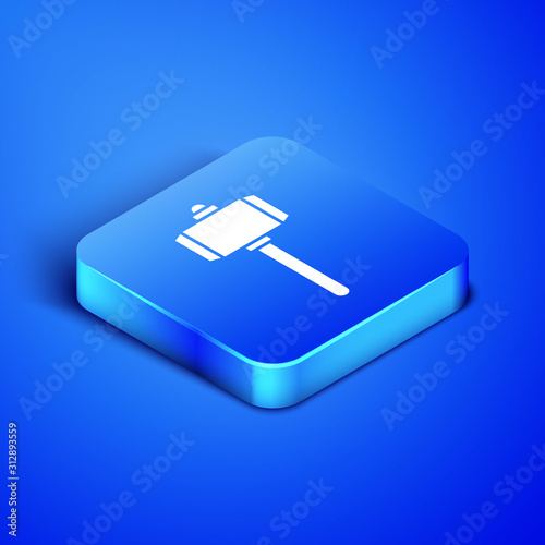 Isometric Battle hammer icon isolated on blue background. Blue square button. Vector Illustration