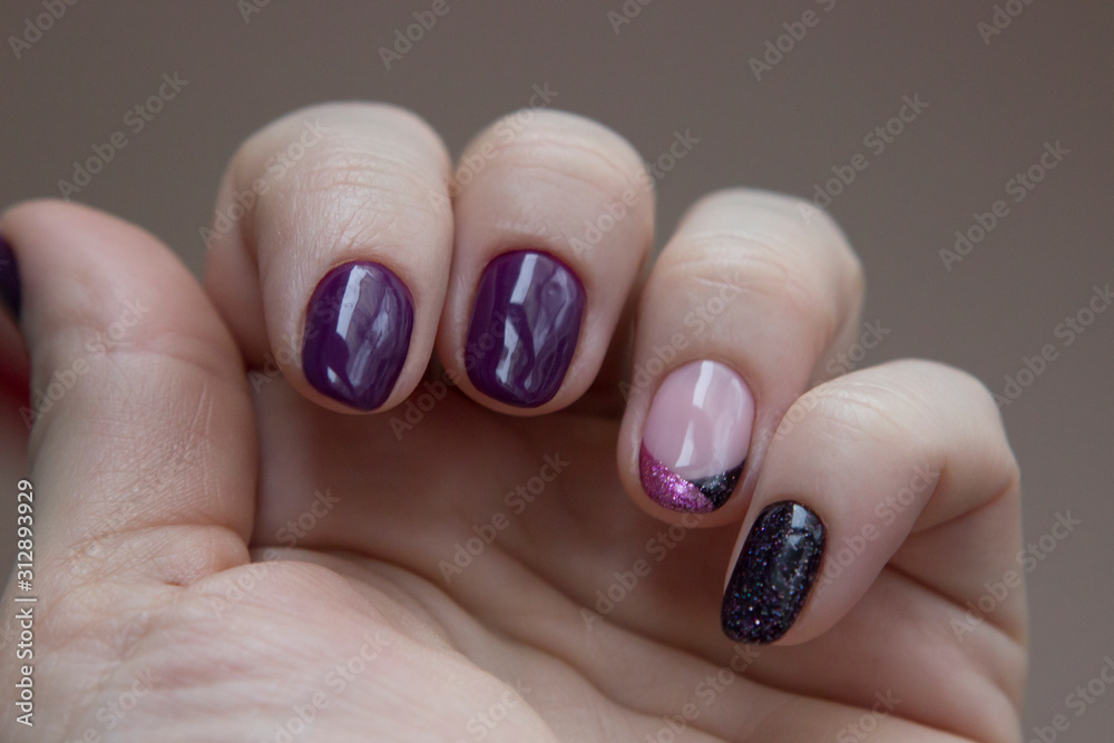 beautiful, fresh, strict manicure, serenity, violet nails with sparkles, all nails are different, beautiful, fresh, strict manicure, serenity, violet nails with sparkles, all nails are different,