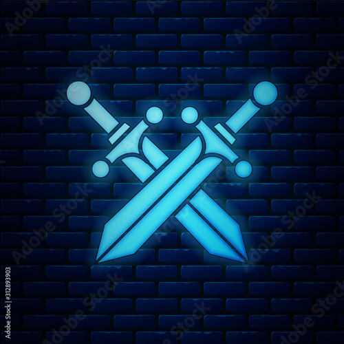 Glowing neon Crossed medieval sword icon isolated on brick wall background. Vector Illustration