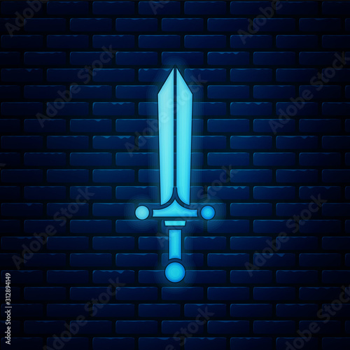 Glowing neon Medieval sword icon isolated on brick wall background. Vector Illustration