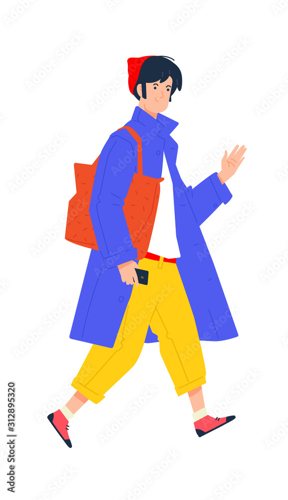 Illustration of a young man in a blue cloak and with a brown bag. Stylish hipster in yellow pants. A fashionable guy walks in a red cap and with a phone. Shopping trip to the store. Shopaholic.