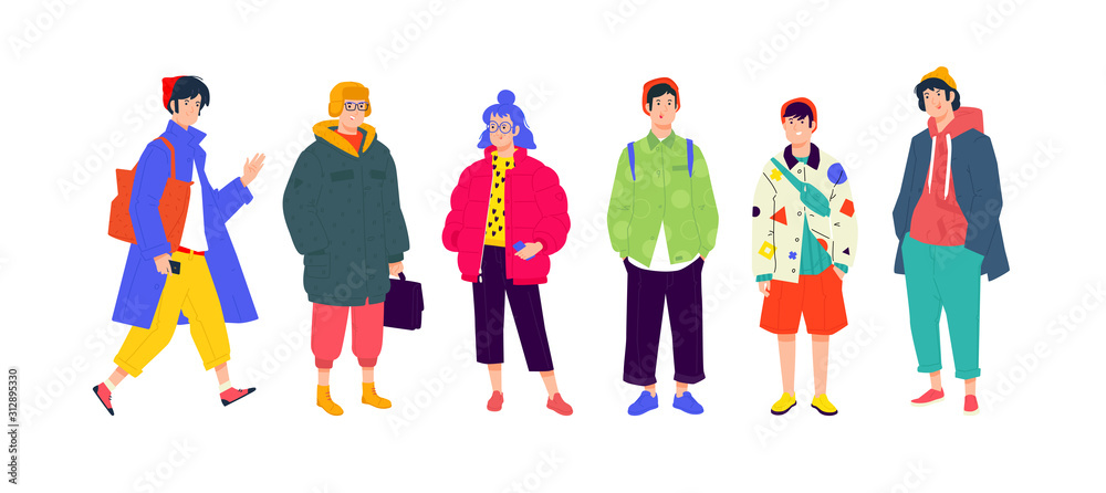 Naklejka premium Illustration of a young fashionable people. Girls and boys in fashionable modern clothes. Generation of Melinials and Hipsters. People of different nations and races, shoppers and shopaholics. 