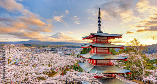 Fuji Mountain and Chureito Pagoda with Pink Sakura, Japan photo