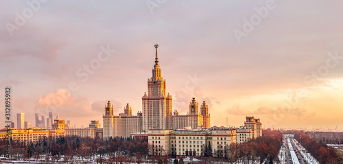 Aerial wide angle view of sunset campus of famous Russian university in evening Moscow