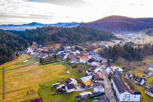 Beautiful town of Tršće in Gorski kotar, Croatia, in winter, panoramic view