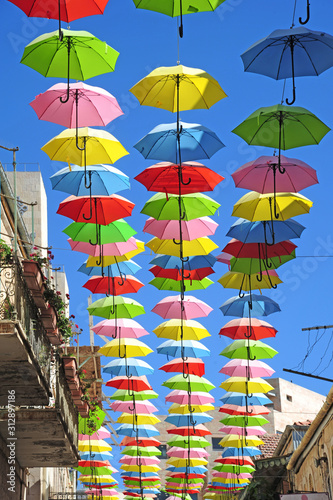 Colored Umbrellas in blue sky in Jerusalem Israel