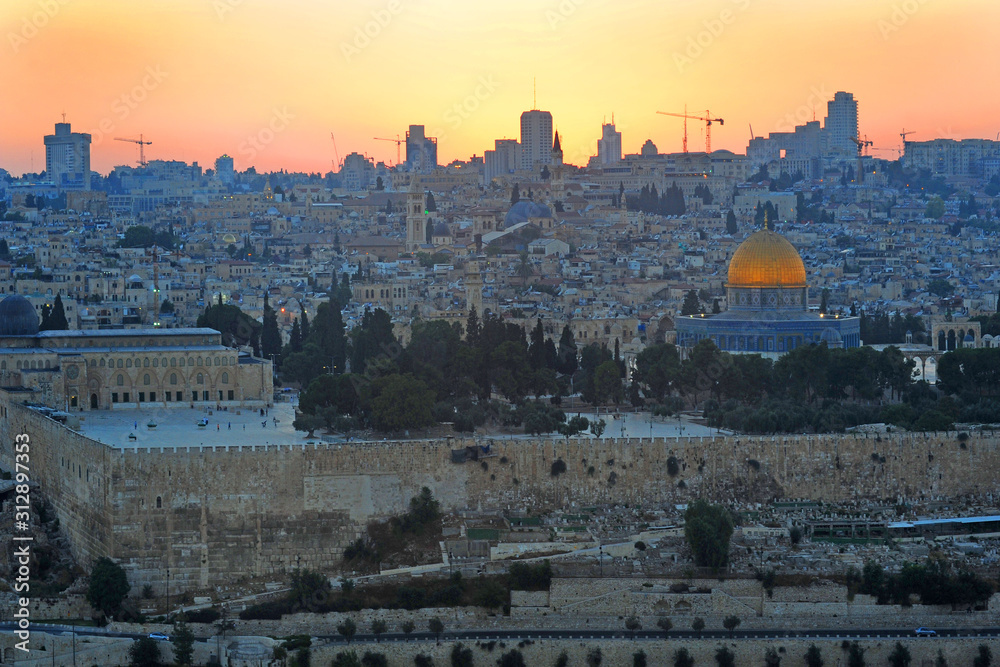 Panoramic view to Jerusalem old city from the Mount of Olives, Al-Aqsa mosque, temple mount - Israel