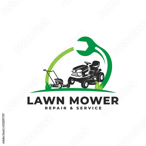 Lawn Mower Repair & Service Maintenance with Wrench Logo Vector Icon Illustration