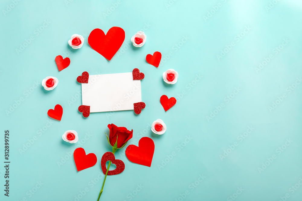 Little heart and Red rose with copy space frame. Valentine day concept 