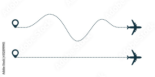Airplane silhouette icon with dotted line path.