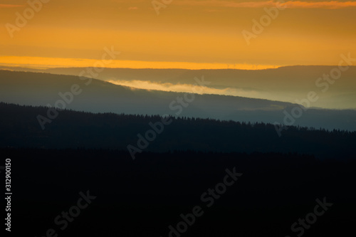 Fototapeta Naklejka Na Ścianę i Meble -  Gently undulating forest landscape in the Harz Mountains at sunrise with glowing sky and black forest