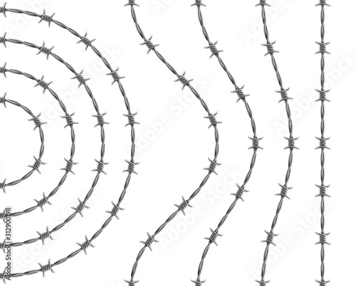 Vector set of spiraling barbed wires. Curved, wavy, arcing, straight repeatable barbwire segments.