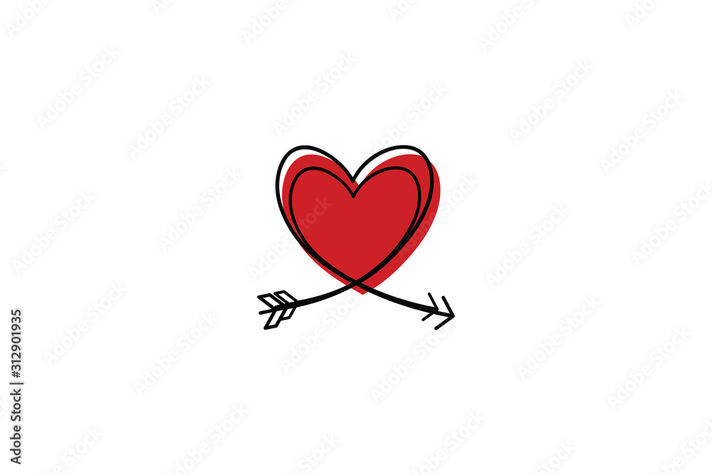 Two Cupid s arrows in the continuous drawing of lines in the form of a heart in a flat style. Continuous black line. Work flat design. Symbol of love and tenderness.