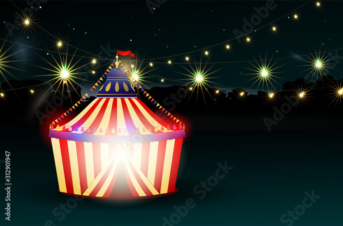Abstract circus striped tent on dark background with shiny lights