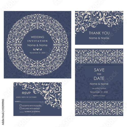 Wedding Invitation, with rsvp, save the date and thank you card baroque style. Vintage  Pattern. Retro Victorian ornament. Frame with flowers elements. Vector illustration.