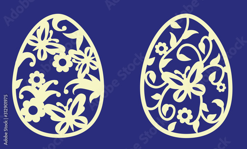 Laser cutting template. Easter eggs with flowers, leaves, butterflies. Openwork oval with a lace ornament. Design elements. Vector silhouette set.