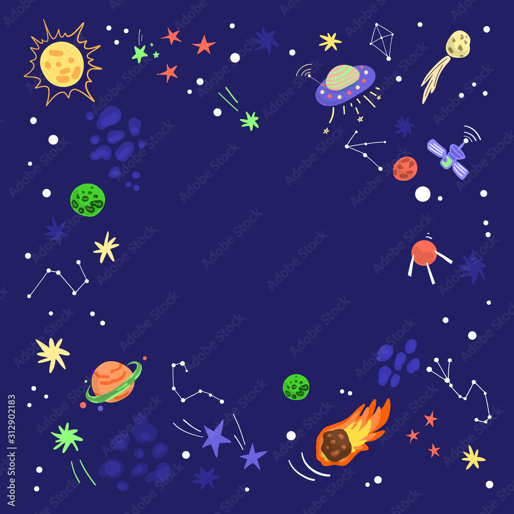 Outer space drawn by hand in cartoon style. Design background with meteorite, UFO, satellite, planet Saturn, different constellations and stars. Copy space.