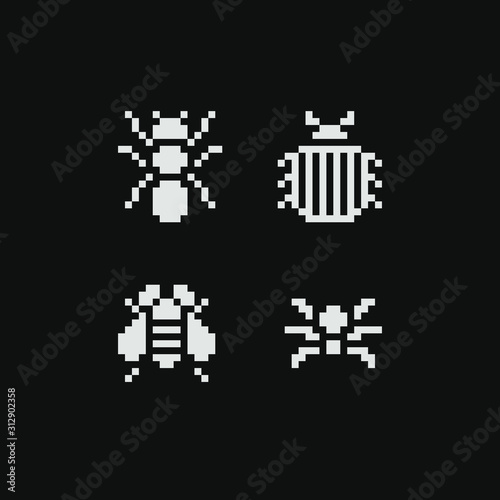 Insects pixel art icon set spider, bee, bag and ant. Sticker, logo and embroidery design. Different types insects isolated vector illustration. Video game assets. © thepolovinkin