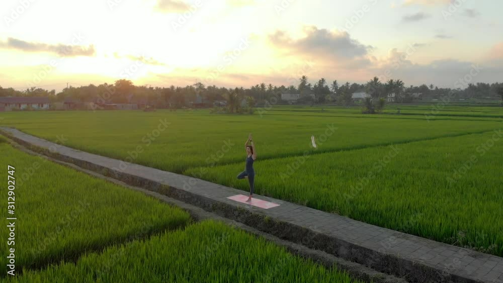 Aerial shot of a young woman practicing yoga on a big beautiful rice field during sunset. Travel to Asia concept. Aerial shot of a young woman practicing yoga on a big beautiful rice field during sunset. Travel to Asia concept.