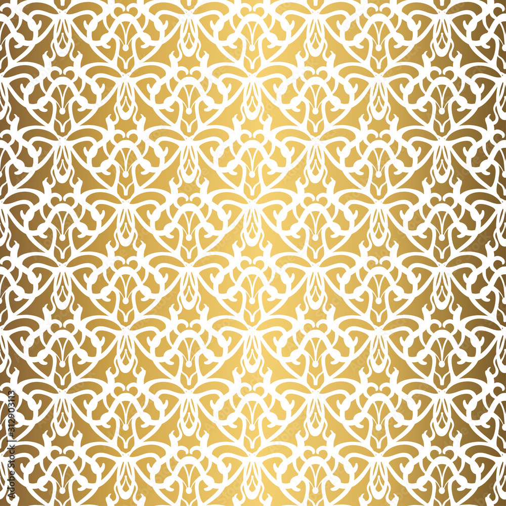 Golden background. Luxury seamless pattern. Elegant weave ornament for wallpaper, fabric, upholstery, bedding, drapery, wedding invitation. Abstract flower vector. Forged floral motif.