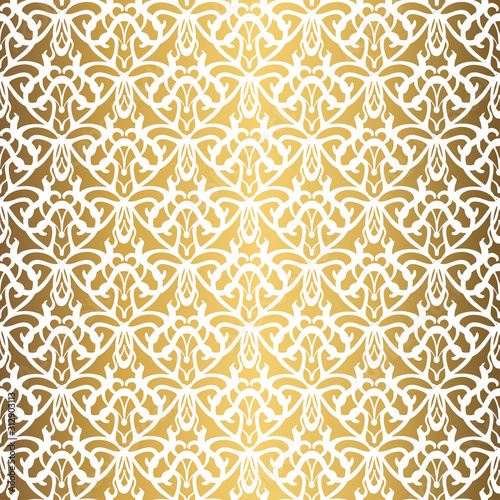 Golden background. Luxury seamless pattern. Elegant weave ornament for wallpaper, fabric, upholstery, bedding, drapery, wedding invitation. Abstract flower vector. Forged floral motif.