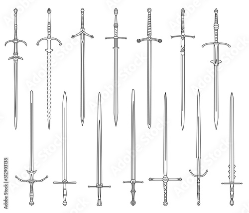 Set of simple monochrome images of medieval two-handed swords drawn by lines.