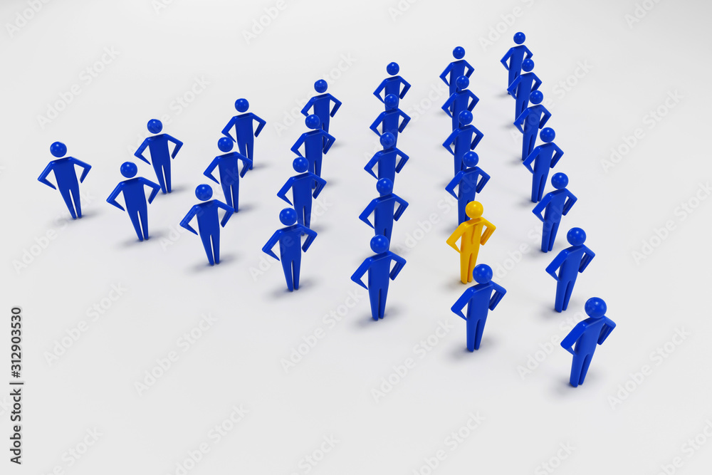 Concept leader of the business team indicates the direction of the movement towards the goal. Crowd of blue men goes for the leader of the gold color. 3D rendering Concept leader of the business team indicates the direction of the movement towards the goal. Crowd of blue men goes for the leader of the gold color. 3D rendering