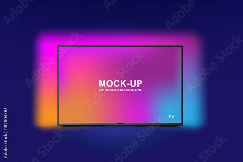 Mock-up of realistic backlit tv with OLED technology. Futuristic home appliances for home on a blue background. Flat Vector Illustration EPS10