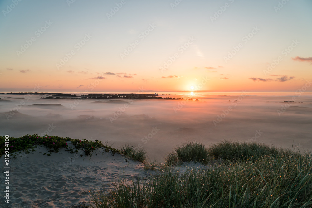 Landscape shot of beautiful sunrise over a foggy valley in the Dunes of Hvide Sand Denmark