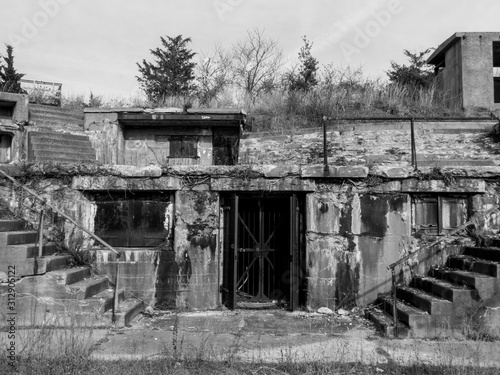 Abandoned Fort Hancock coastal Army miliatary artillery base at Sandy Hook, NJ, black and white photo