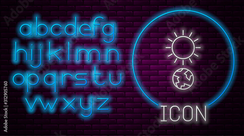 Glowing neon line Solstice icon isolated on brick wall background. Neon light alphabet. Vector Illustration