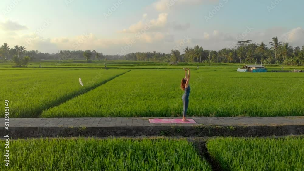 Aerial shot of a young woman practicing yoga on a big beautiful rice field during sunset. Travel to Asia concept. Aerial shot of a young woman practicing yoga on a big beautiful rice field during sunset. Travel to Asia concept.