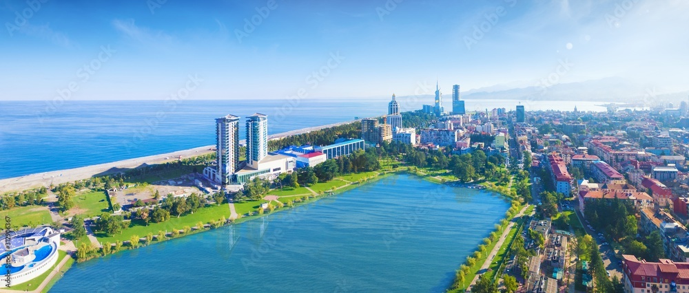 Aerial panoramic image of beautiful Batumi in Georgia made with drone in sunny summer weather. - obrazy, fototapety, plakaty 