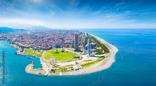 Aerial panoramic image of beautiful Batumi in Georgia made with drone in sunny summer weather.