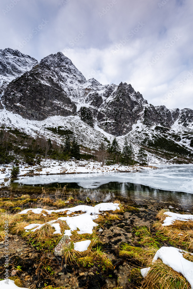 Scenic Landscape at Morskie Oko Lake in Poland Tatra Mountains at Winter