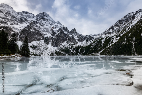 Winter at Morskie Oko or Sea Eye Lake in Poland Tatra Mountains