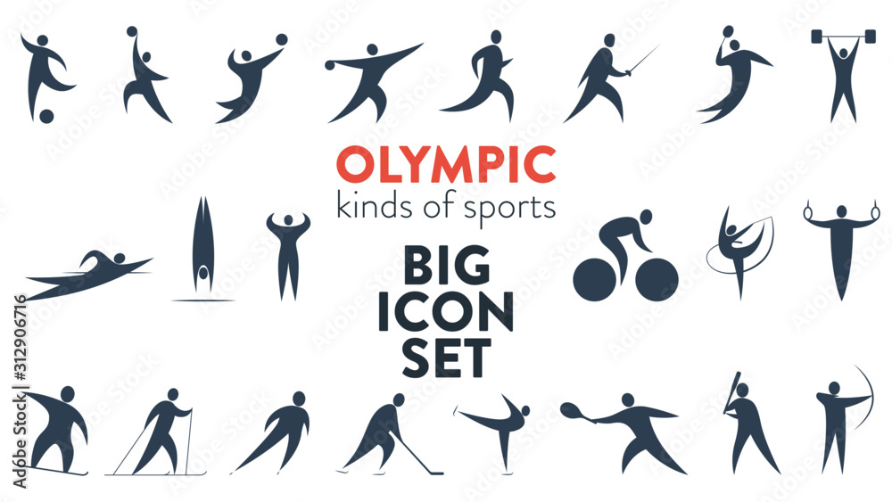 Big set of icons for different kinds of sports. Modern flat pictograms of baseball, football, basketball, gymnastics, skating, cycling, swimming, tennis, voleyball, handball, fencing, hockey and more - obrazy, fototapety, plakaty 
