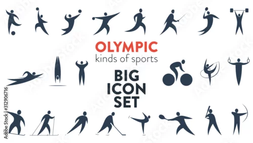 Obraz Big set of icons for different kinds of sports. Modern flat pictograms of baseball, football, basketball, gymnastics, skating, cycling, swimming, tennis, voleyball, handball, fencing, hockey and more
