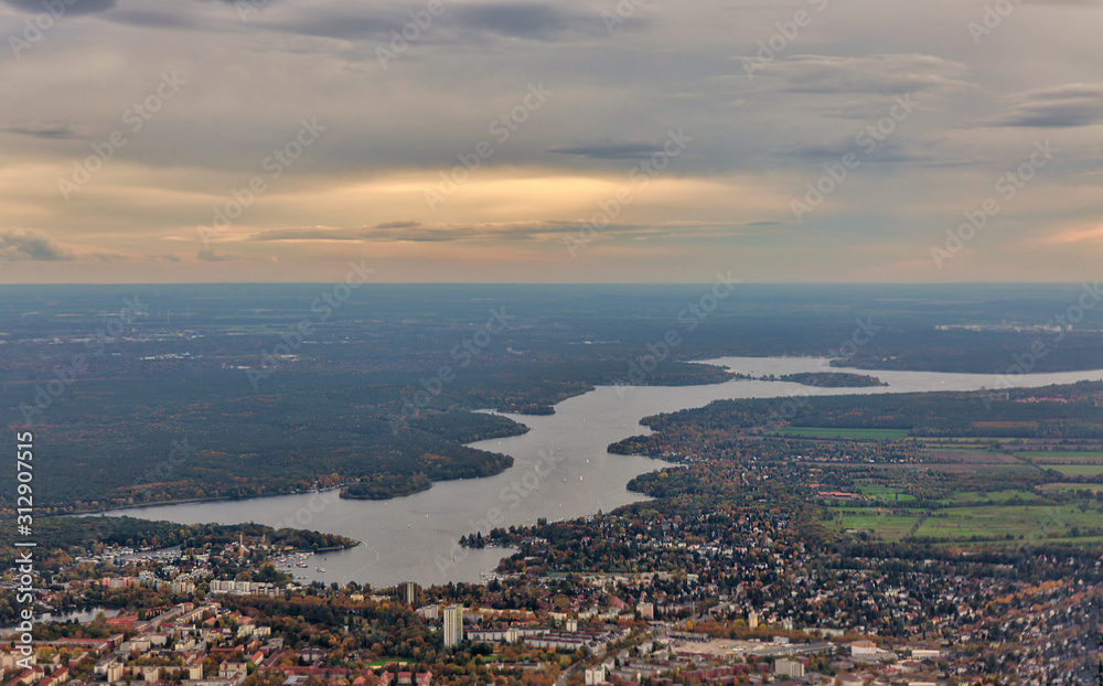 Aerial view over Havel river and Wilhelmstadt, Germany
