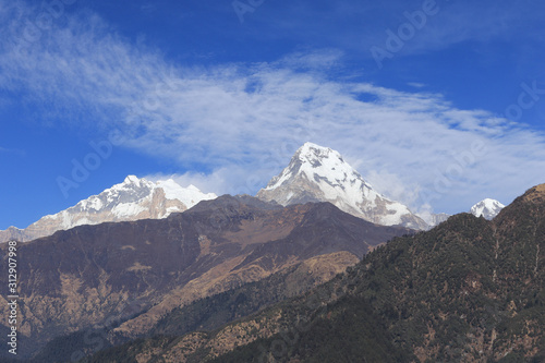 Beautiful peak of Annapurna on Annapurna Circuit in Himalaya Range  Pokhara  Nepal