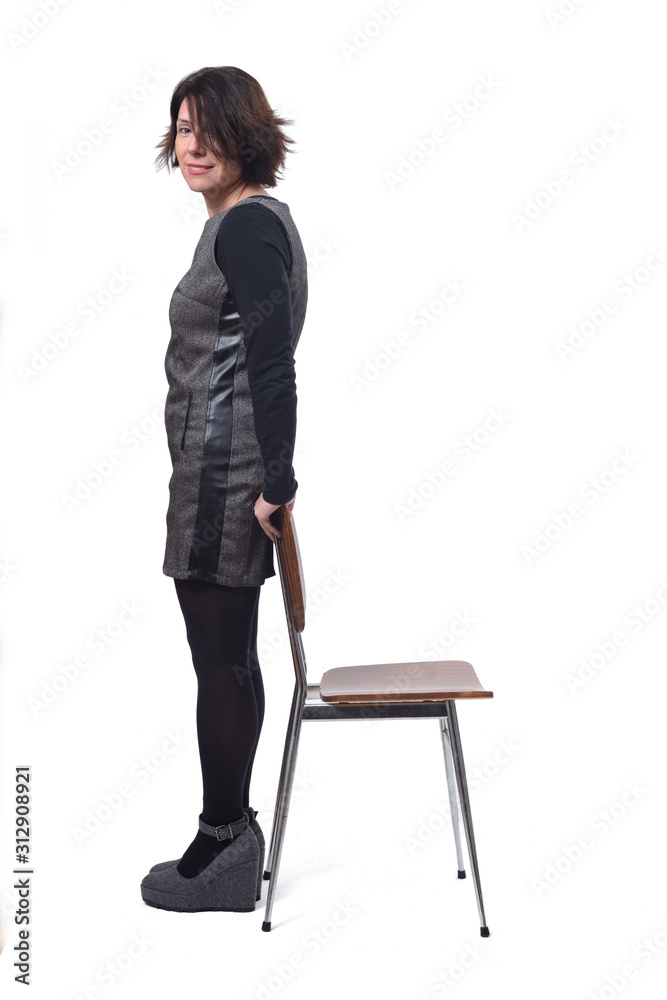 woman with a chair in white background