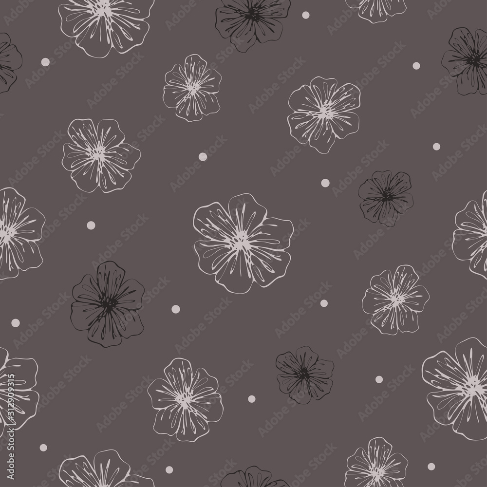 Hand drawing light and dark flowers with white spots on coffee color background. Seamless floral pattern. Suitable for packaging, wallpaper, textile.