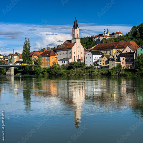 Passau, Germany and Inn River, St Getraubt church in prominent place
