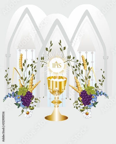 background with the characteristic symbols of holy communion photo