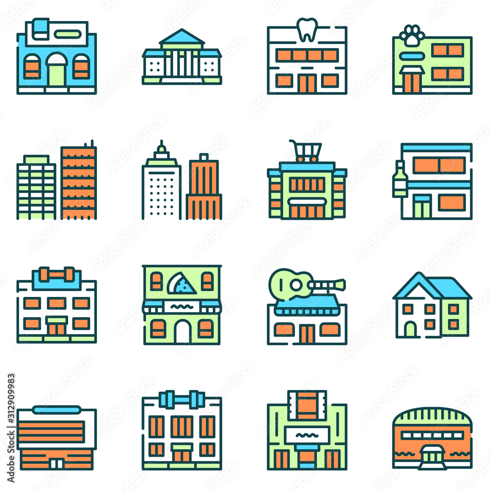 Fototapeta premium City locations color linear icons vector set