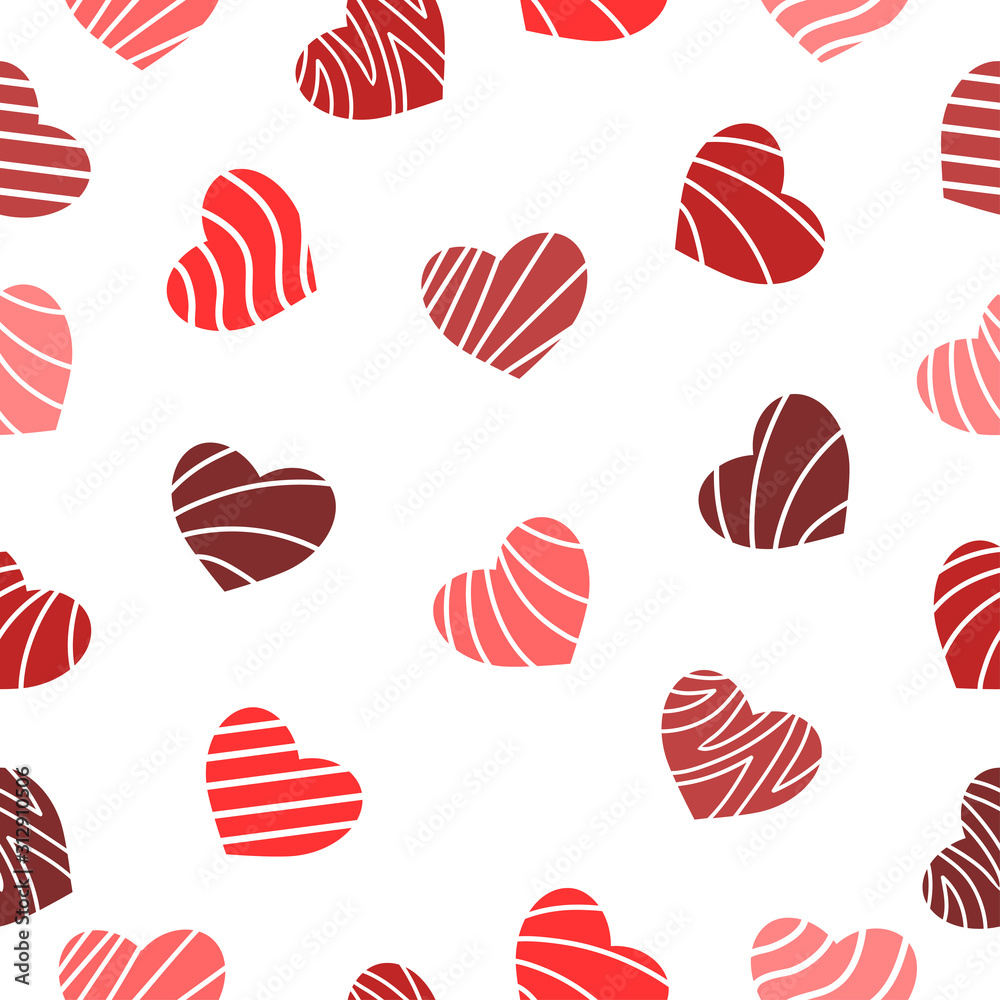 Bright red hearts with striped pattern on white background. Seamless pattern for Valentine day. Suitable for packaging, wrapping, textile. Bright red hearts with striped pattern on white background. Seamless pattern for Valentine day. Suitable for packaging, wrapping, textile.